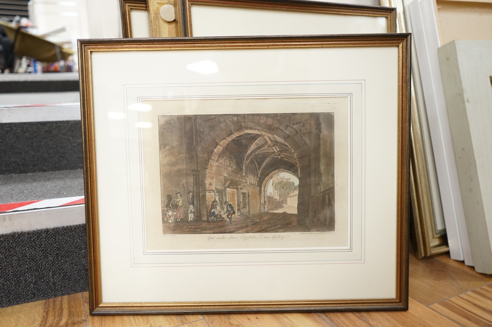 After Paul Sandby RA (1731-1809), Views of Windsor Castle and Windsor to include ‘Gate Under Queen Elizabeth’s Picture Gallery’, publ. T. Palfer, 1812, set of six colour engravings, 22 x 30cm
